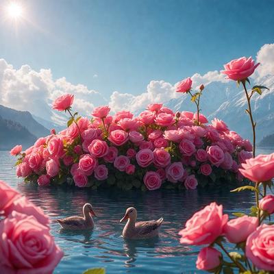 The primary subject of the image is a beautiful pink flower garden with a variety of pink flowers. The setting is a serene lake, providing a peaceful and picturesque backdrop. The visual style of the image is a combination of photo and digital art, creating a vibrant and lively atmosphere. The dominant colors in the image are pink, which is prevalent in the flowers, and blue, which is the color of the lake. The overall mood of the image is one of tranquility and natural beauty
